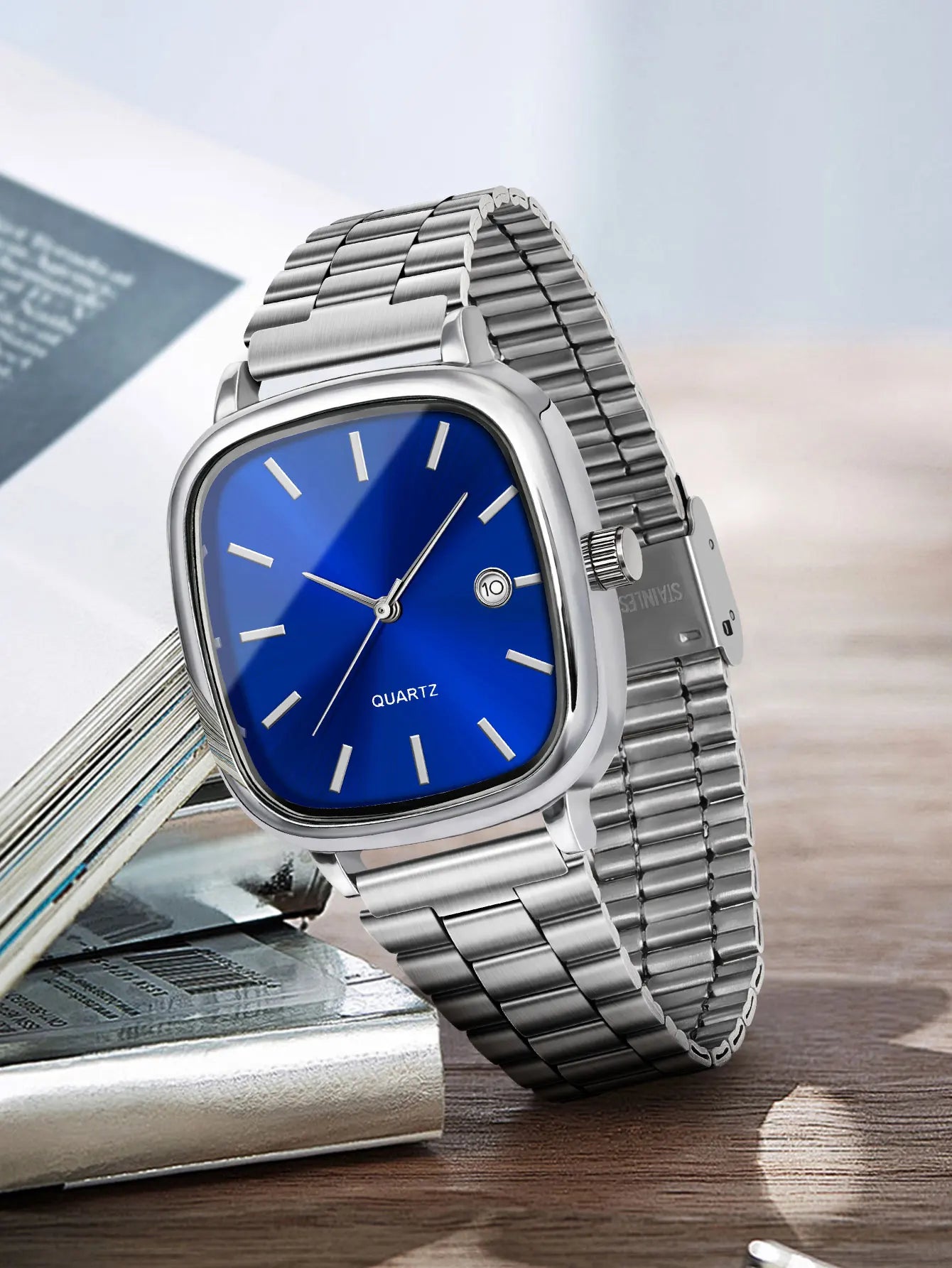 LUCKY FOX Modern minimalist square watch Business mens metal watch stainless steel chain multi-scene commuter watch