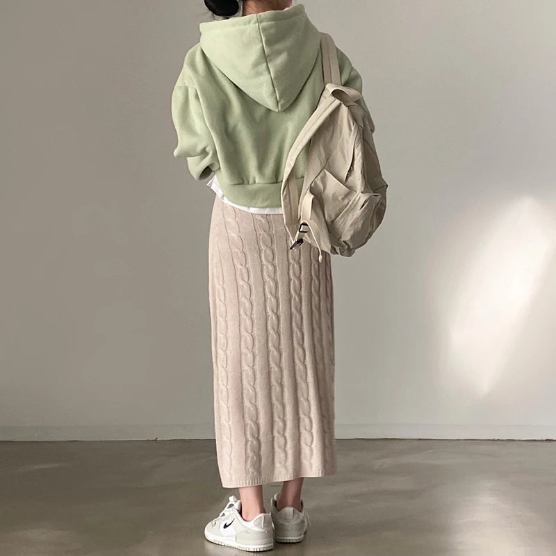 Solid Knitted Skirts For Women 2023 Fashion Autumn Winter Slim Long Skirt Vintage Casual Elastic High Waisted Straight Skirt New