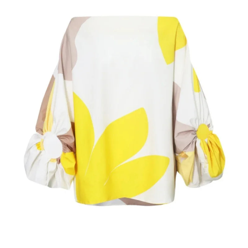 Two Piece Set Women Dress Outfit Spring Fashion Print Lantern Sleeve Diagonal Collar Top Tassel Hem High Waist Skirt Set 2 Piece