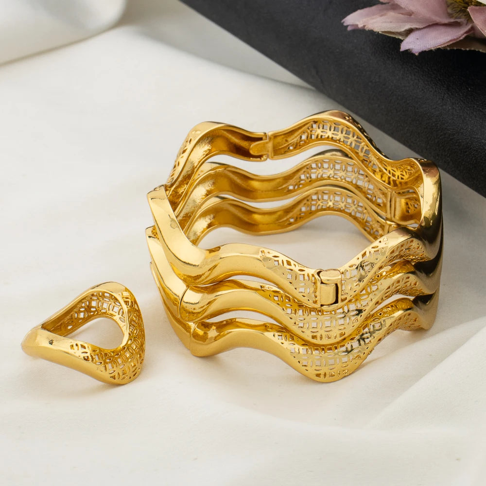 Fashion Bangle With Ring For Women 18K Gold Plated Bracelet Jewelry Sets Nigerian Wedding Party Gift Dubai Design Bracelet