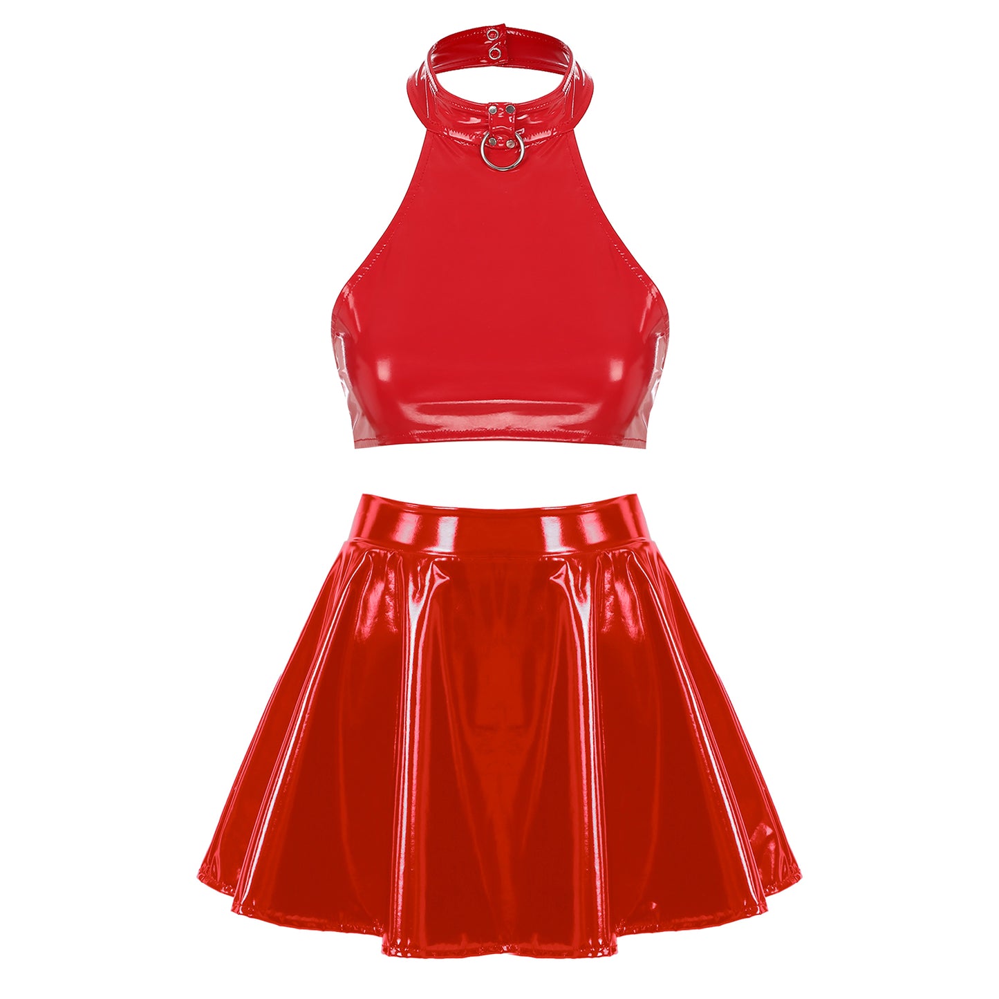 Womens Two Pieces Rave Party Outfits O Ring Halter Vest Tops Backless Patent Leather Crop Top with Invisible Zipper Flared Skirt
