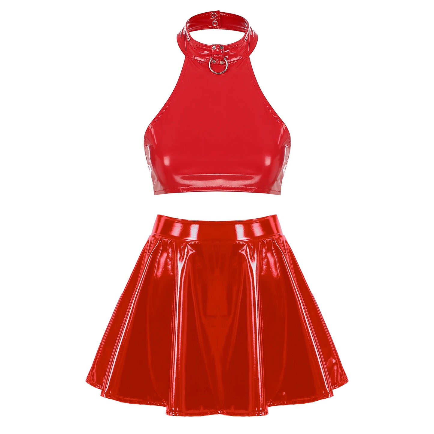 Womens Two Pieces Rave Party Outfits O Ring Halter Vest Tops Backless Patent Leather Crop Top with Invisible Zipper Flared Skirt
