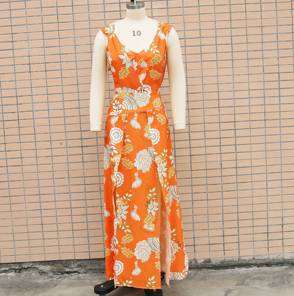 Fashion Print Dresses Two Piece Set Women Sexy Camisole Deep V-neck Backless Slit Vest Dress 2 Piece Sets Lady Summer Streetwear