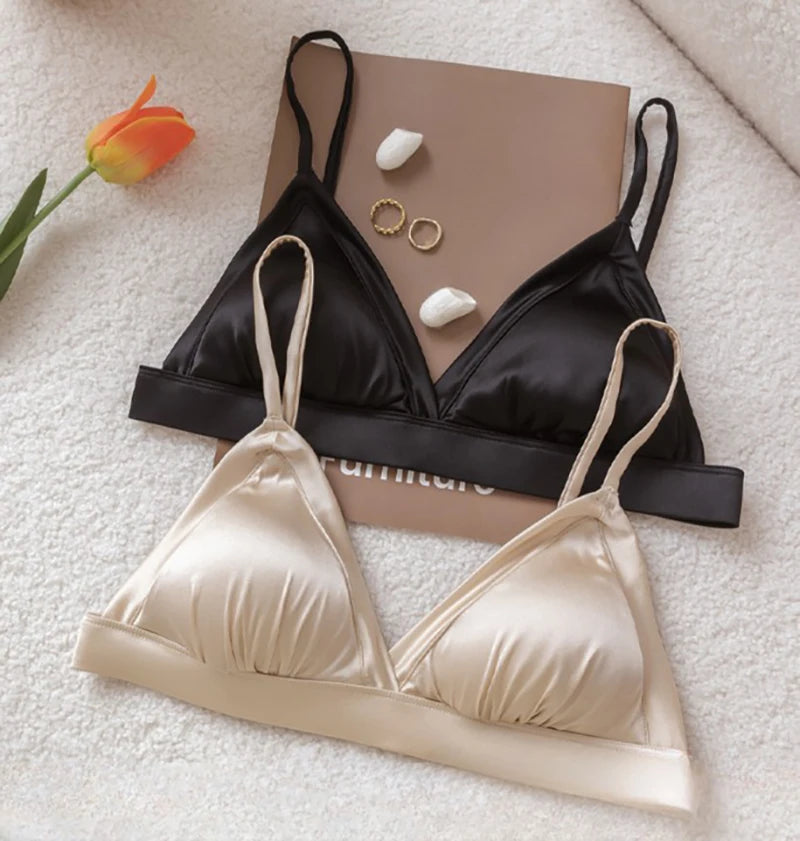 Bralettes for Women 93.8% Mulberry Silk Bra Wireless Wire Free No Underwire Sleep Padded Sexy Triangle V Neck Everyday Bra