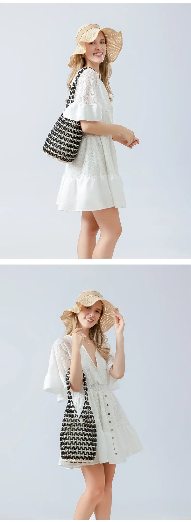 Women Woven Hand Bag Summer Design Hollow-out Wooden Bead Tote Bucket Shoulder Bag Female Reticulate Netted Canvas Beach Handbag