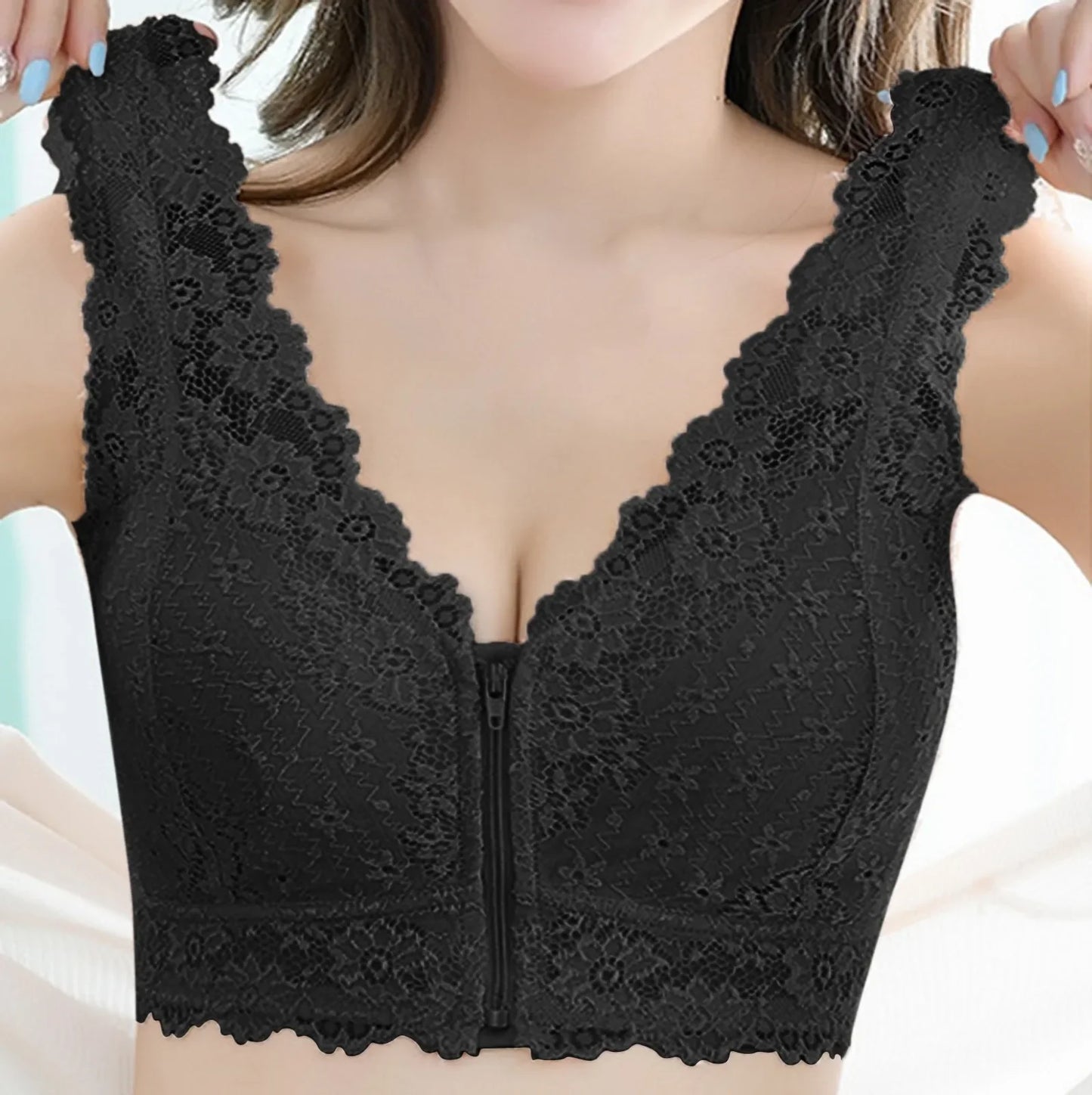 Women Bra Women'S Comfortable And Sexy Large Lace Lace Strap With Strap Deep V Front Zipper Bra Floral Lace Trim Underwear