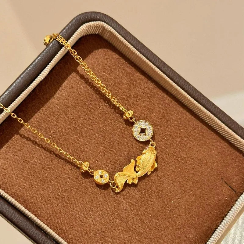 Vintage antique gold craftsm brushed luxury fish koi necklace bracelet diamond inlay exquisite high-quality jewelry sets