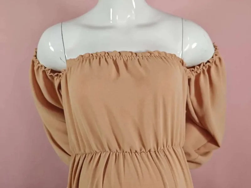 Maternity Photoshoot Dress - Sexy Off-Shoulder Gown Playful Puff Sleeves & Leg-Baring Slit Clothes for Pregnant Women Photograph