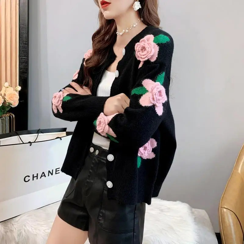Sweater Female 2023 Spring and Autumn Knitwear Women Heavy Industry Rose Blossom Embroidery Contrast Sweater Coat Cardigan