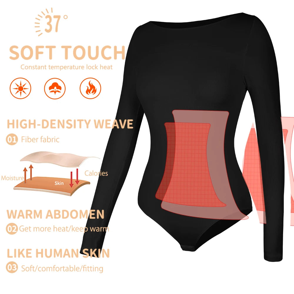Women's Round Collar Elastic Bodysuit Long Sleeve Jumpsuit Shapewear Shaper Lady Sexy New Female Warm Clothes Autumn Winter