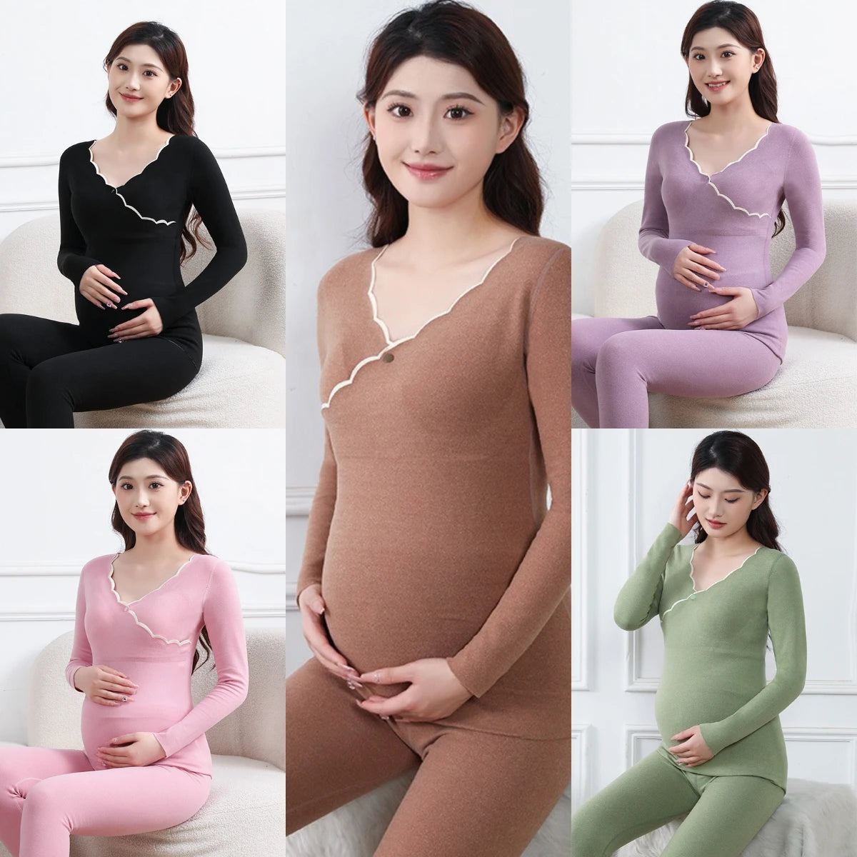 Winter Maternity Padded Warm Pajamas Pregnant Women's Homewear with Cups No Need to Wear Bra Breastfeeding Bottoming Underwear