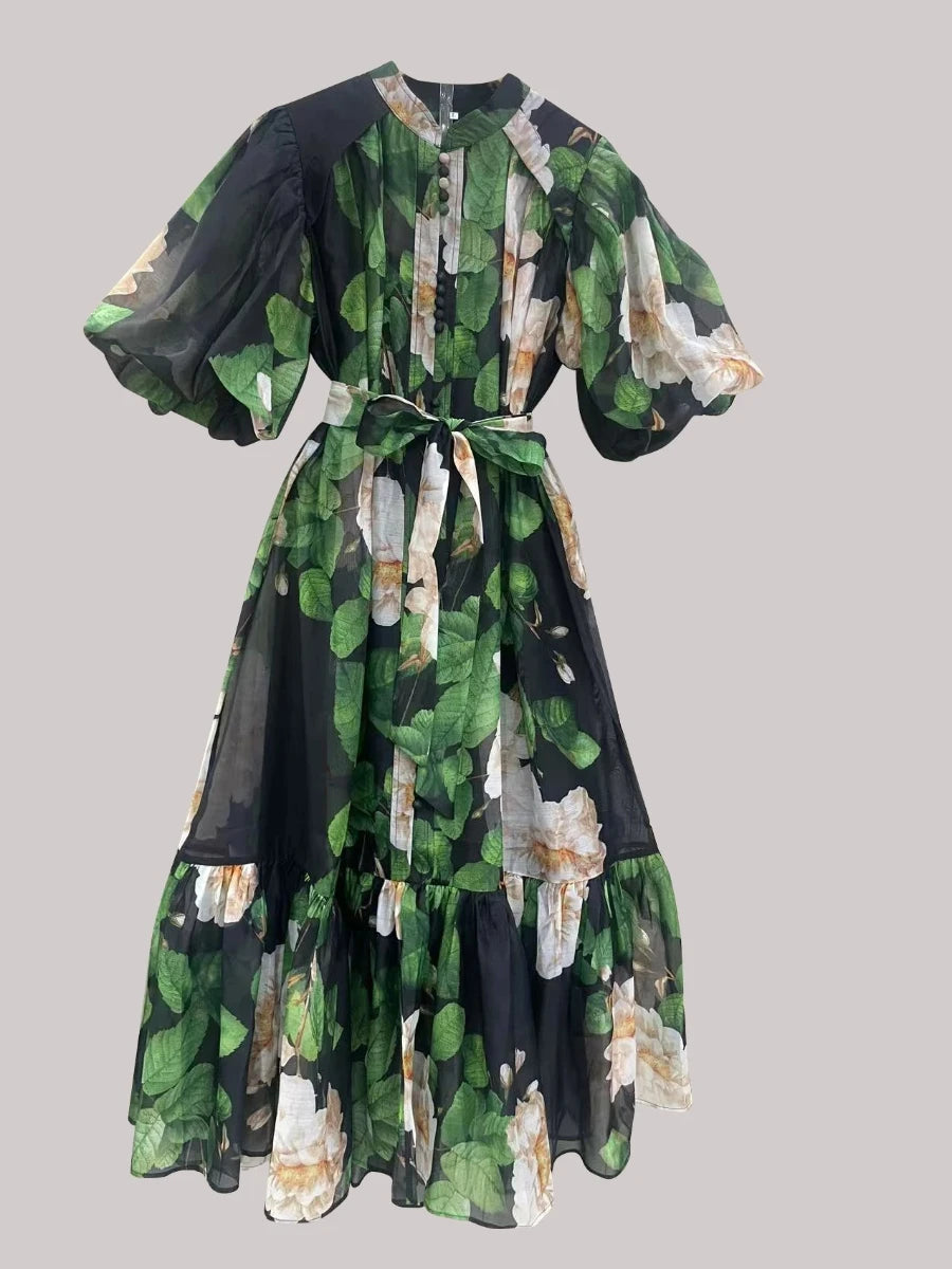 TWOTWINSTYLE Hit Color Spliced Printing Midi Dresses for Women Round Neck Short Sleeves Patchwork Lace Up Elegant Dress Female