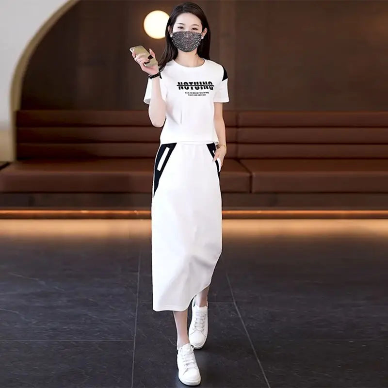 Women's Two Piece Set Short Sleeve Lightly Cooked Slit Skirt Luxury Designer Clothing Y2k Clothes Top and Bottom Female Outfits