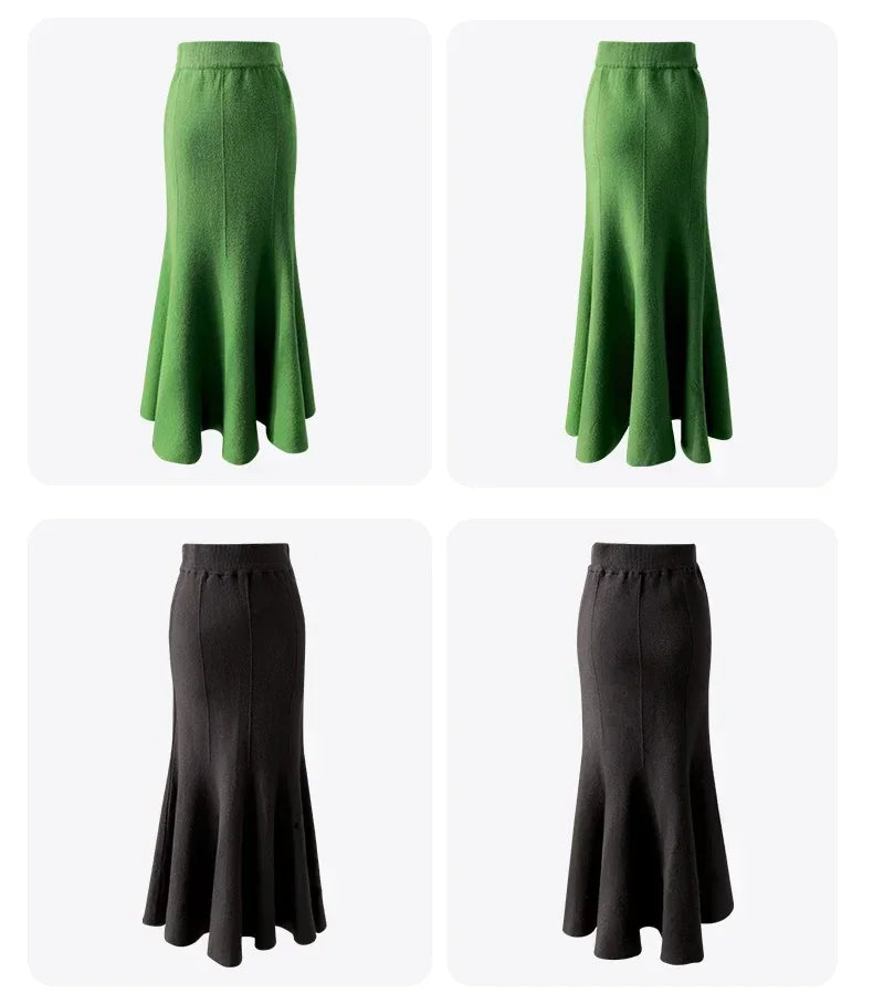 Women's Skirts 2025 Autumn Winter Fashion Knitted Long Skirts for Women Green Vintage Slim Office Lady A-LINE Fishtail Skirt