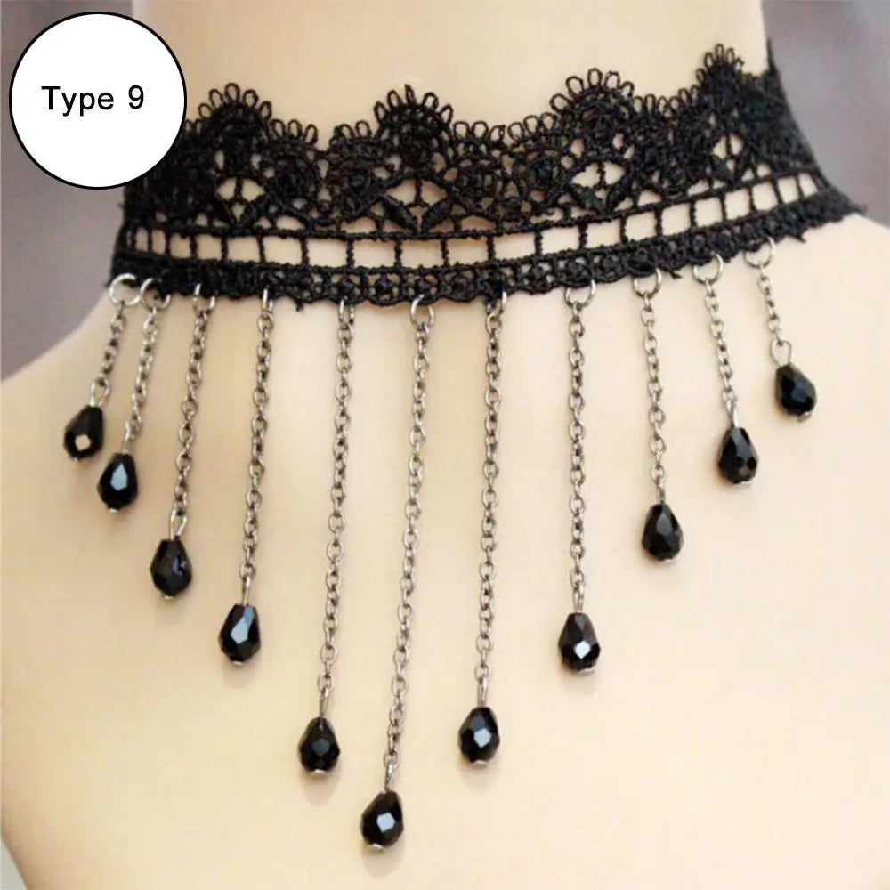 Sexy Black Lace Necklace Vintage Gothic Necklace Steampunk Style Beads Pendant Exquisite Women Choker Fashion Jewelry
