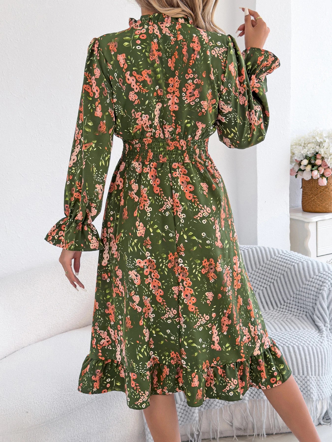 Elegant Floral Print Dresses Women 2025 Autumn Winter V Neck Flare Long Sleeve Ruffled A Line Dress