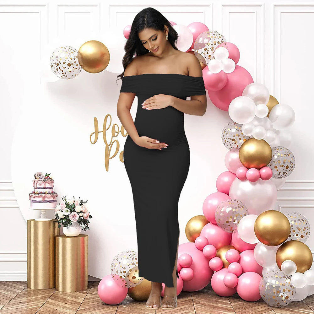Maternity Elegant Bodycon Dresses Pregnant Photography Dress Mesh off Shoulder Side Slit Wedding Party Pregnant Clothes