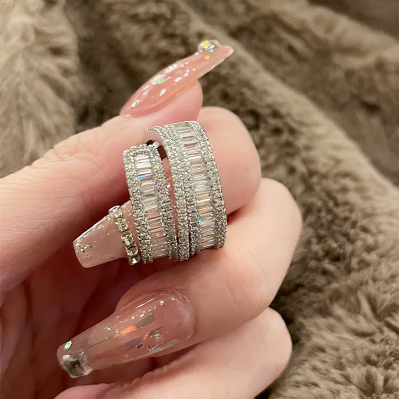 Korea New Fashion Jewelry Exquisite Silver Color Zircon Ring Elegant Women's Opening Adjustable Wedding Gift Luxury Accessory