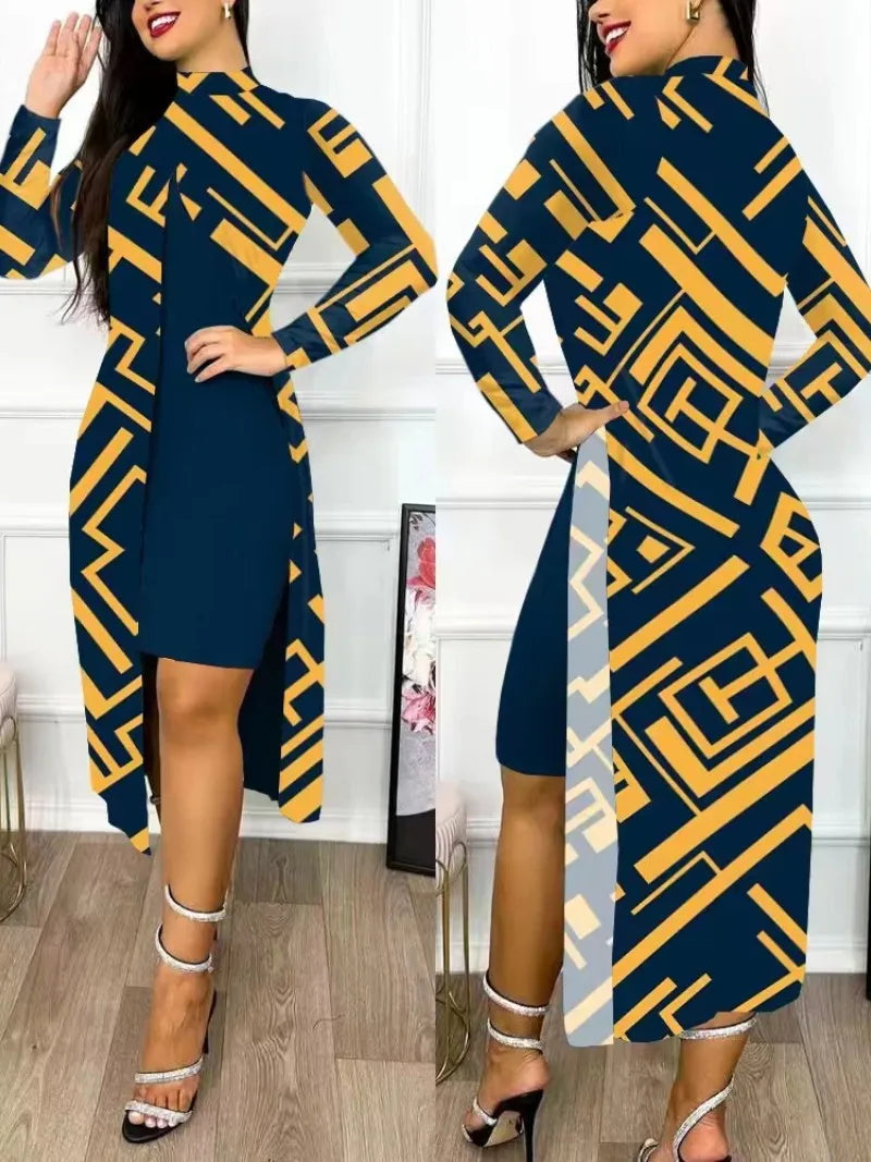 Two Piece Set Women Print Dresses Sets Full Sleeve Half High Collar Split Cardigan Dress Suits Elegant A Line Office Lady Y2k