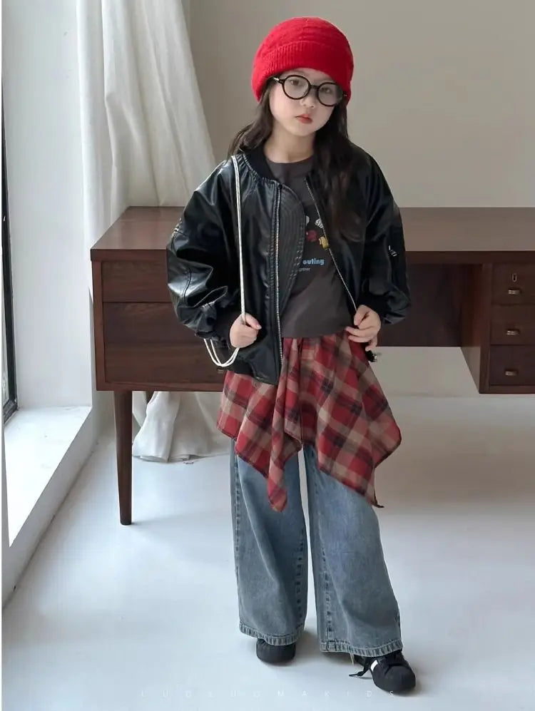 Girls' outerwear Spring and Autumn 2025 New Fashionable Outerwear Short Leather Jacket Autumn Clothing for Children