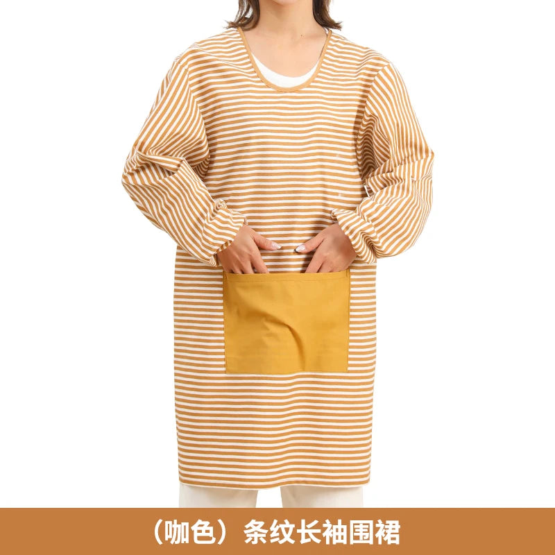Fashionable Striped Apron For Home Kitchen Cooking Long Sleeved Women's Cute Anti Stain Work Dining Work Clothes Smock