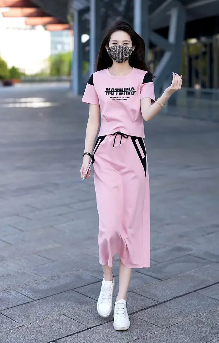 Women's Two Piece Set Short Sleeve Lightly Cooked Slit Skirt Luxury Designer Clothing Y2k Clothes Top and Bottom Female Outfits