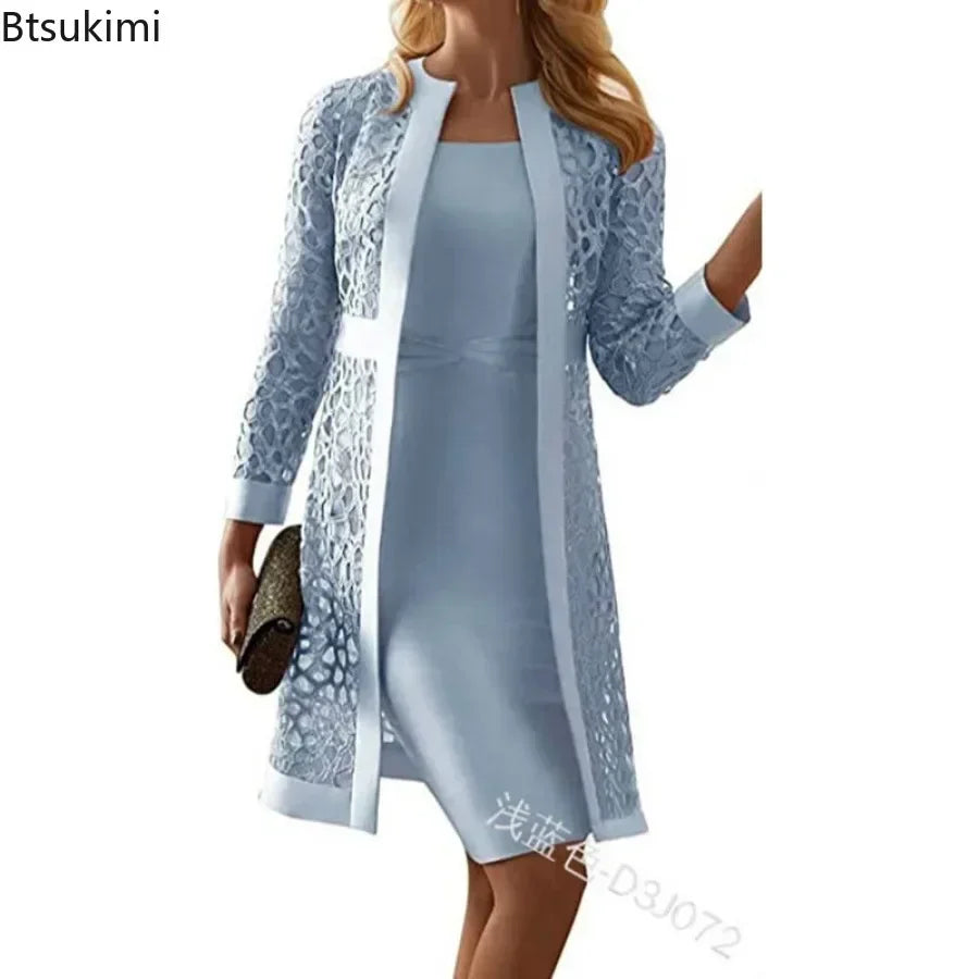 2025 Women's Dress Suit Sets Elegant Two Piece Set Outfits Solid Lace Cardigan Long Sleeve Office Party Knee-length Dress Set