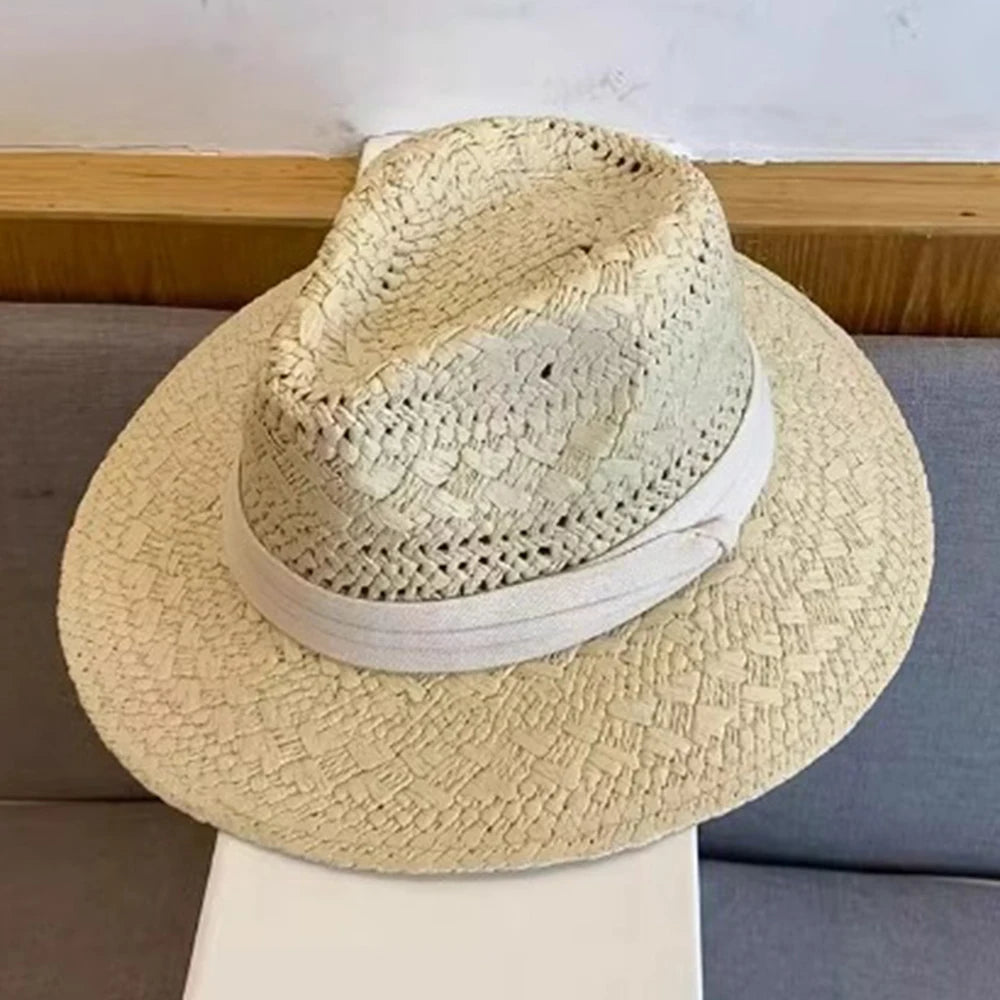 Straw Western Cowboy Hat for Women Men Classic Vintage Hollow Out Unisex Curled Wide Brim Sun Hat Fishing Hat Climbing Cap