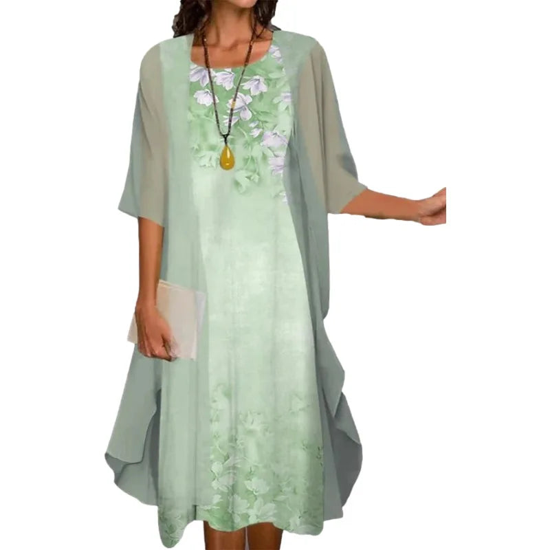 Summer Elegant Dress Two-piece Set Women Fashion Floral Print Dress For Women Casual Long Cardigan Coat Sun Protection Shirt