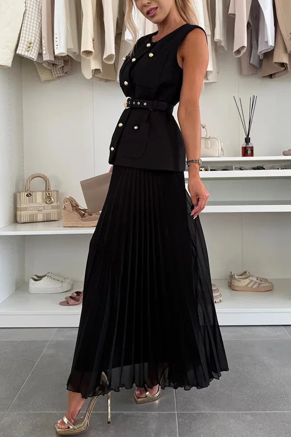 Elegant Long Dresses 2 Piece Set Women Summer Autumn Top Single Breasted Tweed Jacket A Line Chiffon Maxi Skirts Suits Outfits