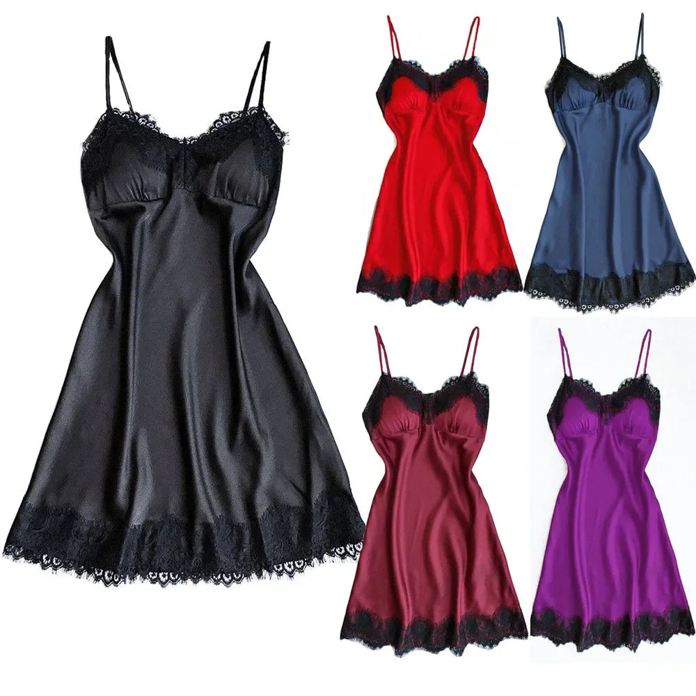 Ladies Sexy Silk Satin Night Dress Sleeveless Nighties V-neck Nightgown Nightdress Lace Sleepwear Nightwear for Women S-3XL
