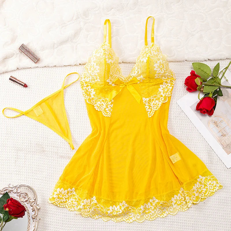Nightdress And Panty Pijamas Sets Women Underwear Lace See Through Sleepwear Sexy Lingerie Drees Female Sexy Nightwear For Night
