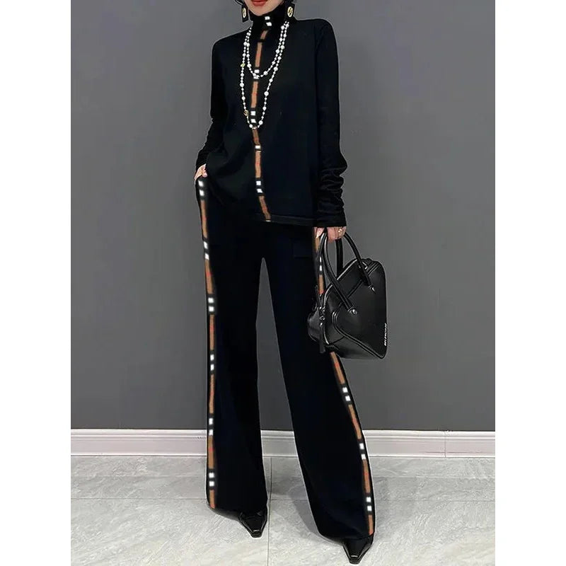2025 Trousers Sets Women's Two Pieces Set New Spring Elegant Contrast Color High Neck Long Sleeves Wide Leg Pants Suit