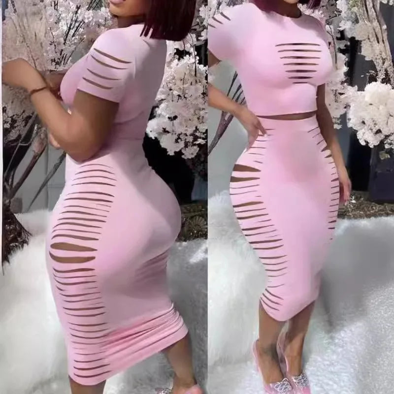 Womens Two Piece Sets Elegant Sexy Outfit Short Sleeve Top & High Waist Skirt Set New Fashion Summer Casual Female Suit