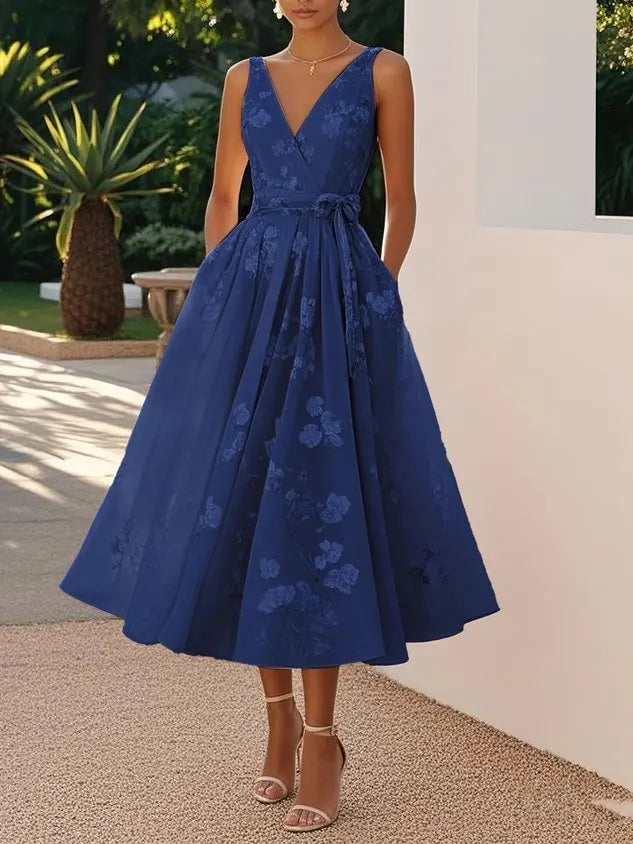 Stylish Temperament Printed Dress Elegant V-neck Mesh Sleeveless Waist Cinched Bow Dress Summer Women Long Dress Formal Dress