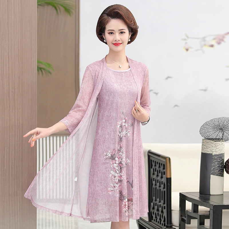 Elegant Dresses Women NEW Summer Casual Retro Temperament printing two Piece Set Dress Mother Dress plus Size