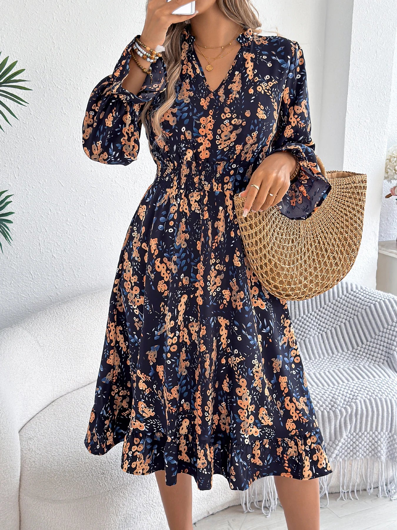 Elegant Floral Print Dresses Women 2025 Autumn Winter V Neck Flare Long Sleeve Ruffled A Line Dress