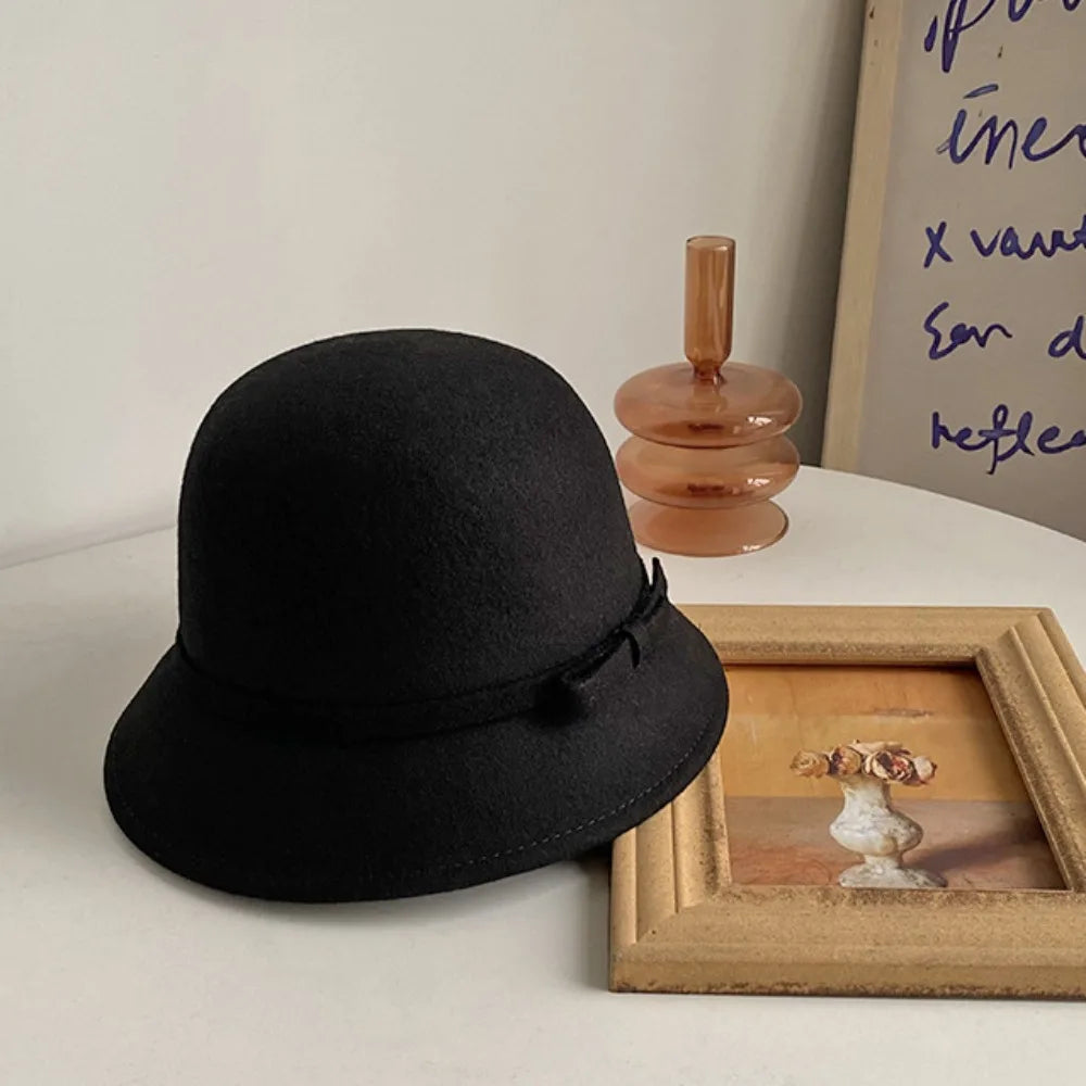 Women's Retro Hepburnesque Felt Hat - British Heiress Style with Bowknot, Formal Panama Cap for Autumn