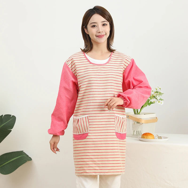 Fashionable Striped Apron For Home Kitchen Cooking Long Sleeved Women's Cute Anti Stain Work Dining Work Clothes Smock
