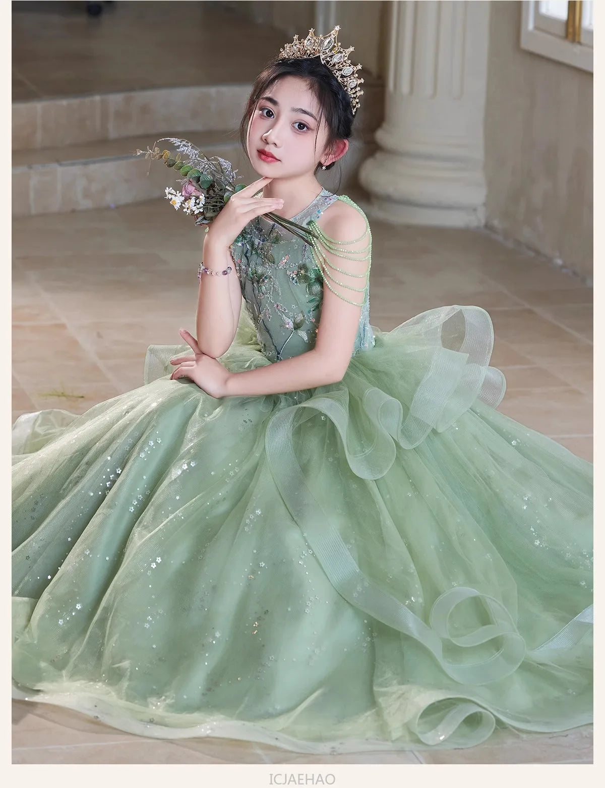 Teen Girl Clothes Green Girls Princess Dress Kids Pageant Host Gown Birthday Party Outfit PianoFormal Wear Recital Performance