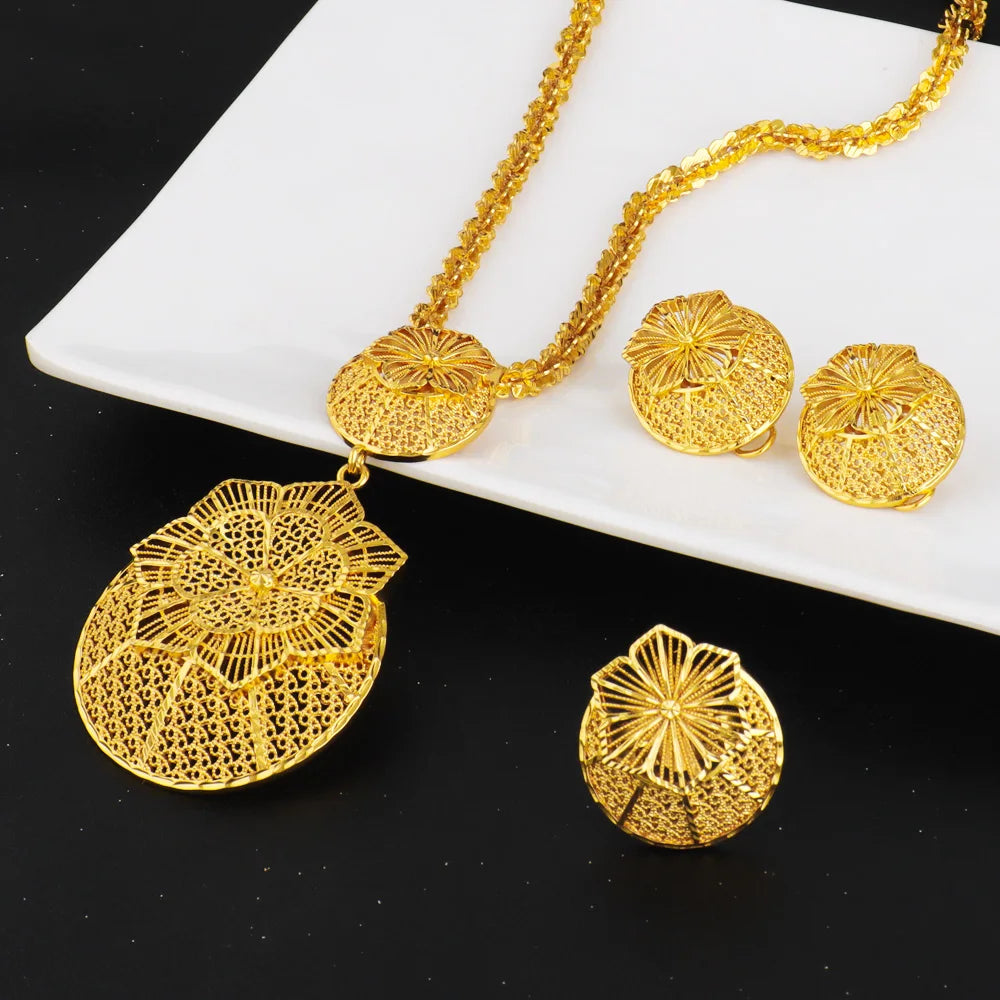 Nigerian Jewelery Set Wedding Jewelry For Women Dubai Gold Color Warped Geometry Necklace Earrings Bridal Wedding Party Gift