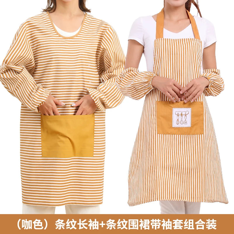 Fashionable Striped Apron For Home Kitchen Cooking Long Sleeved Women's Cute Anti Stain Work Dining Work Clothes Smock