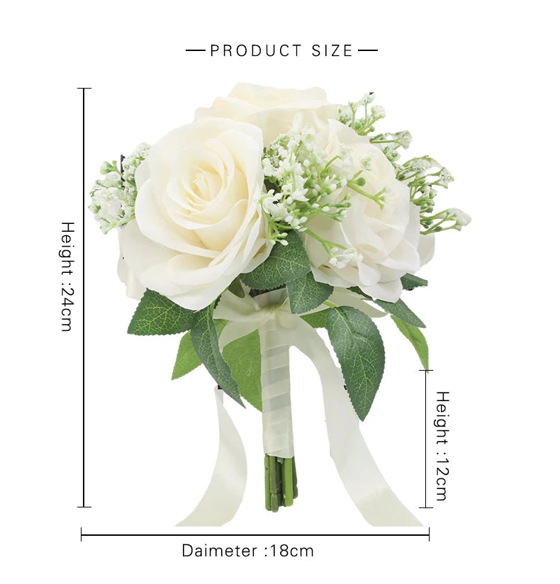 Bridal Bridesmaids Bouquets with Bowknot Ivory Roses Silk Flowers Bouquet for Valentine's Day Marriage Wedding Bride Photography