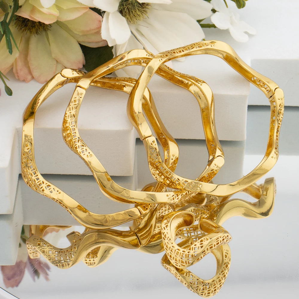 Fashion Bangle With Ring For Women 18K Gold Plated Bracelet Jewelry Sets Nigerian Wedding Party Gift Dubai Design Bracelet