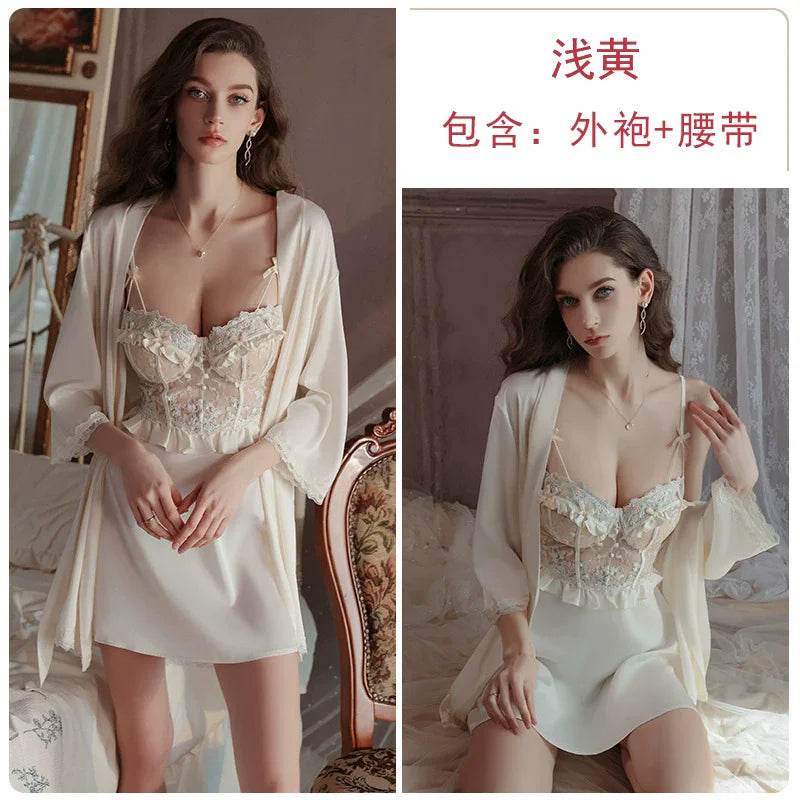 Women Sleepwear 2PCS Robe Nightgown Set Sexy Patchwork Lace Suspender Lingerie Nightdress Silky vestidos Bathrobe Home Dress