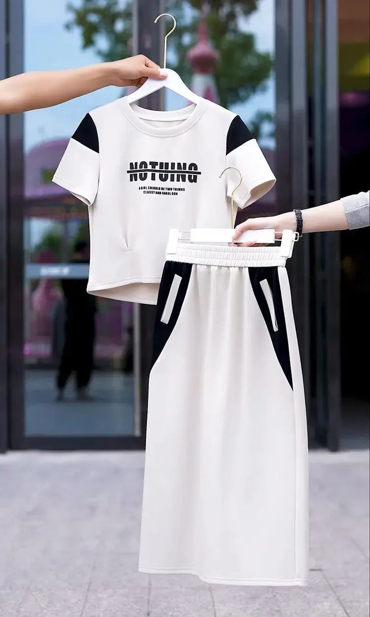 Women's Two Piece Set Short Sleeve Lightly Cooked Slit Skirt Luxury Designer Clothing Y2k Clothes Top and Bottom Female Outfits