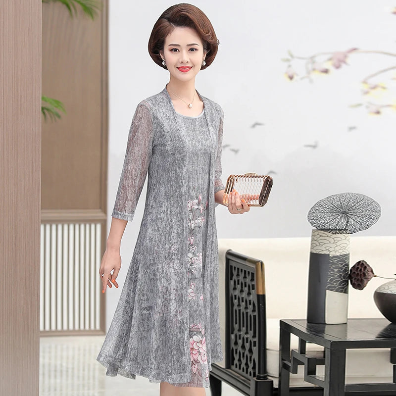 Elegant Dresses Women NEW Summer Casual Retro Temperament printing two Piece Set Dress Mother Dress plus Size