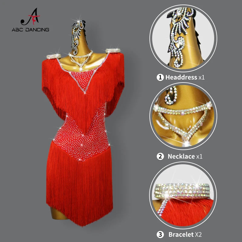 Red Latin Dance Fringed Dresses Sexy Womens Competition Costume Adult Female Party Clothes Cabaret Practice Wear Girl Stage Suit