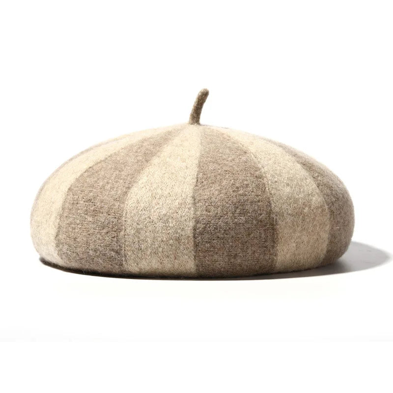 Women's Hat 100% Wool Beret Knitted Tweed Contrast Stripe Japanese Painter British Retro Autumn Winter Hats