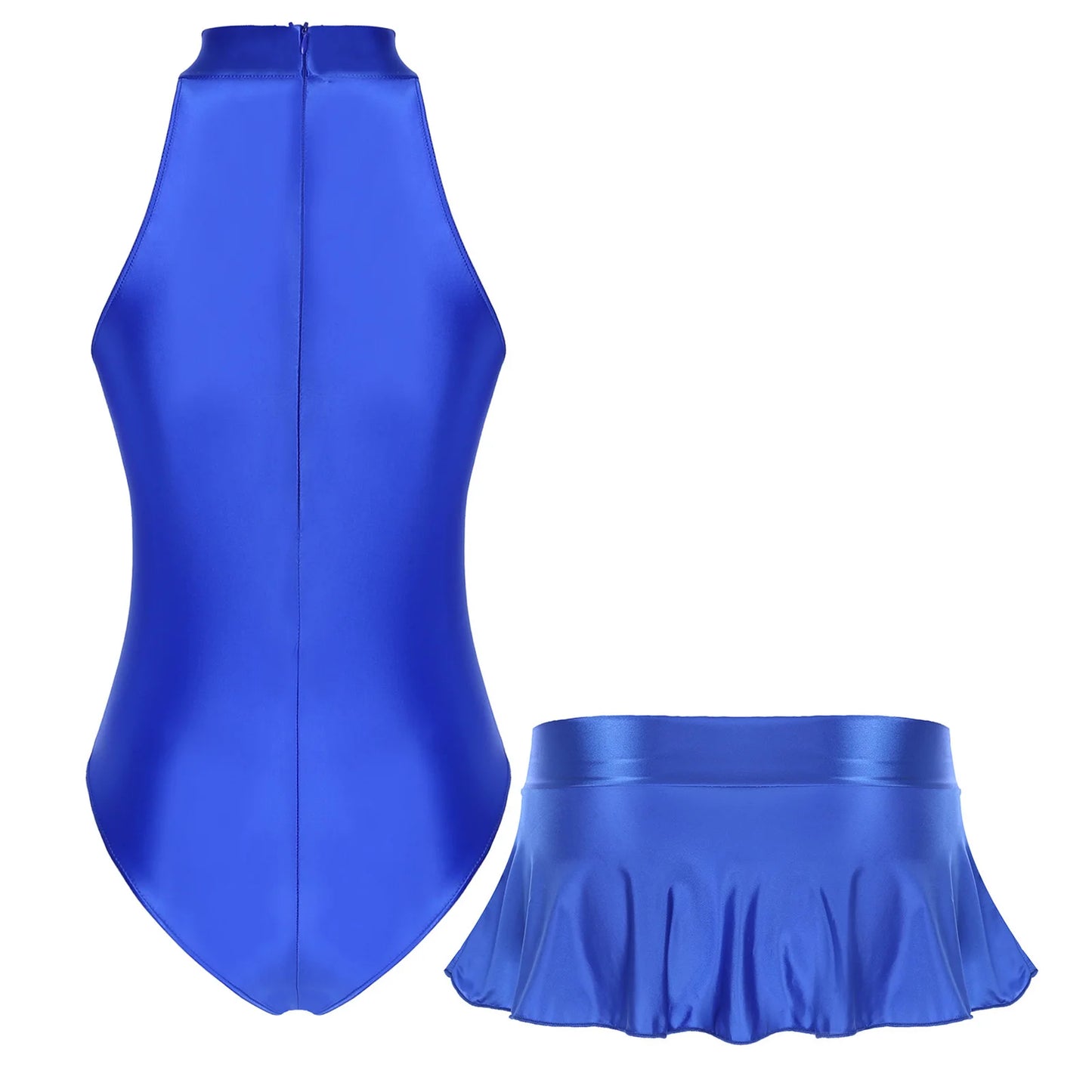 Women Glossy Bodysuit Swimsuit Set Elastic Sleeveless High Cut Leotard with Ruffled Mini Skirt Swimming Bathing Suit Swimwear